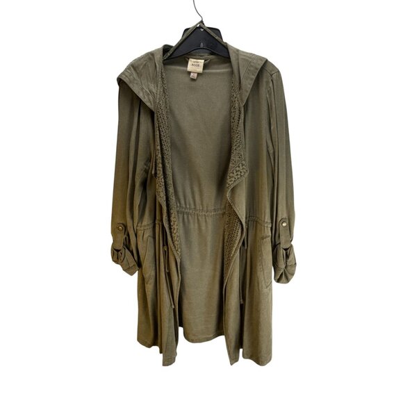 Knox Rose Military Green Hooded Cardigan L Crochet Roll-Up Boho Cargo Utility - Picture 9 of 12